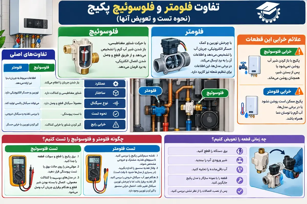 اینفوگرافیک تفاوت فلومتر و فلوسوئیچ پکیج (نحوه تست و تعویض آن‌ها)