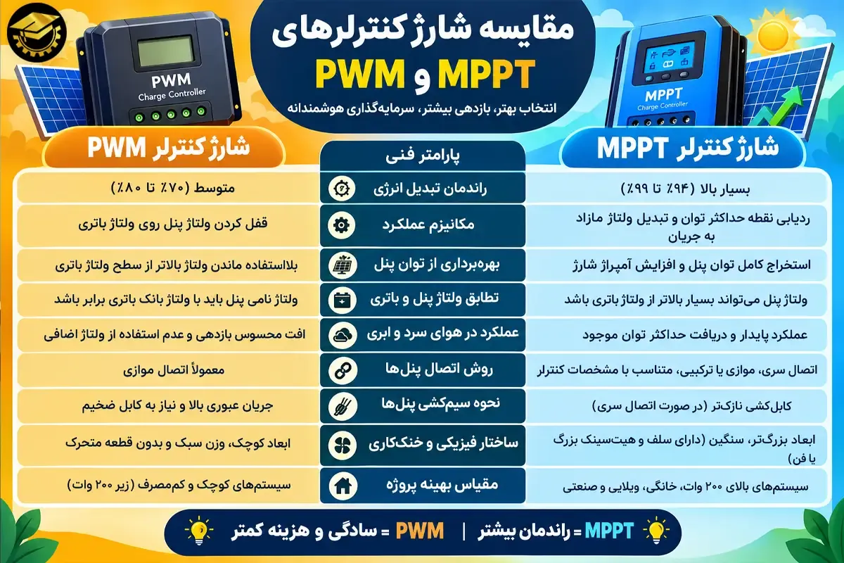جدول مقایسه مشخصات فنی شارژ کنترلر PWM و MPPT