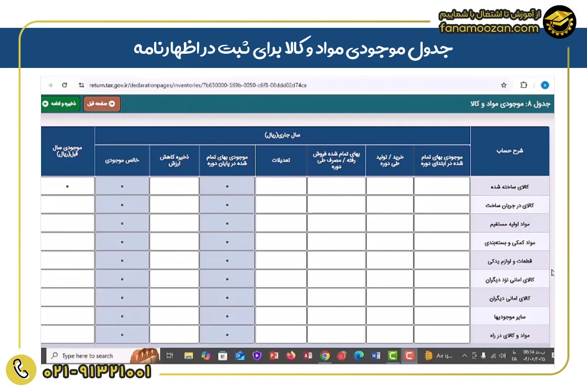 جدول موجودی مواد و کالا
